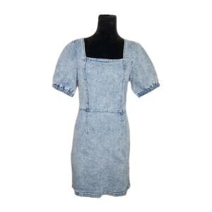 Entro light blue stretch denim mini dress square neck with puff sleeve size L
